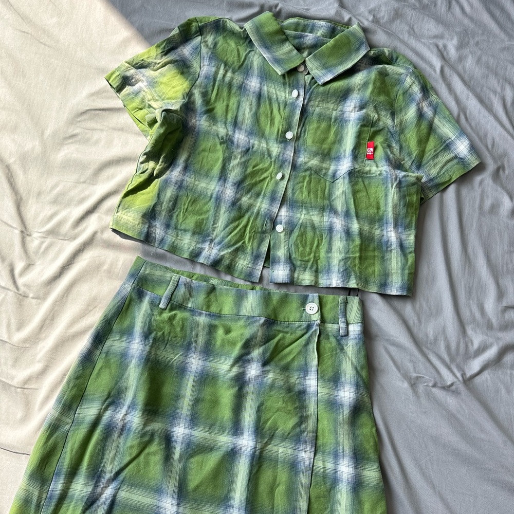 Green Plaid Shirt & Mini Skirt Set